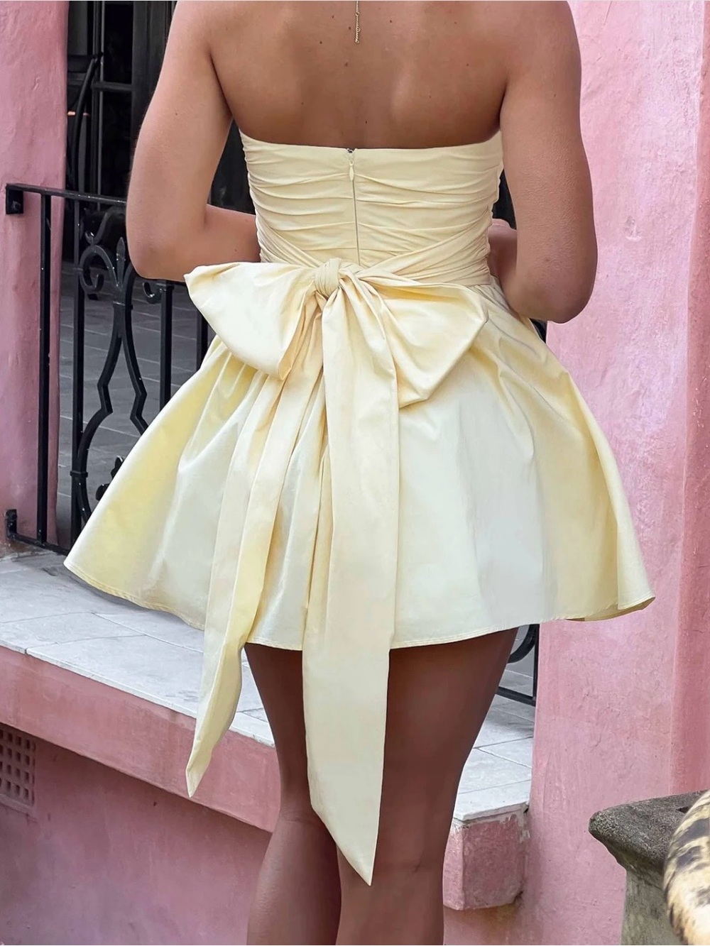 Strapless Mini Dress with Oversized Bow in Light Yellow